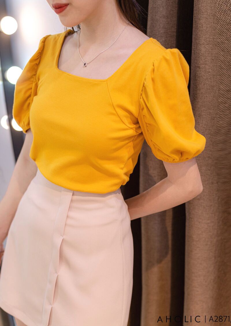 Áo cotton bozip cổ vuông crop nhẹ Aholic A2871