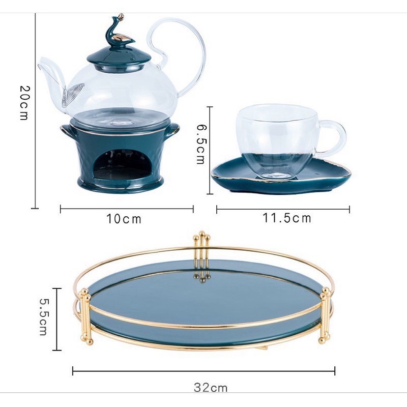 [Hàng cao cấp]Bộ ấm trà chiều sang chảnh có khay sứ kèm đế nến