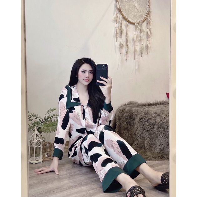 Bộ ngủ lụa dài tay lụa mango pyjama cao cấp dáng truyền thống hoạ tiết hoa cúc, dâu hồng freesoze 45-60kg