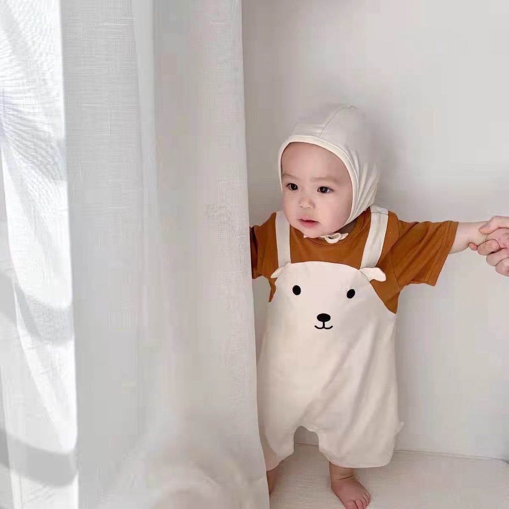 Bộ Bodysuit cho bé, body yếm kèm mũ hình gấu cho bé trai bé gái từ 0-12 tháng