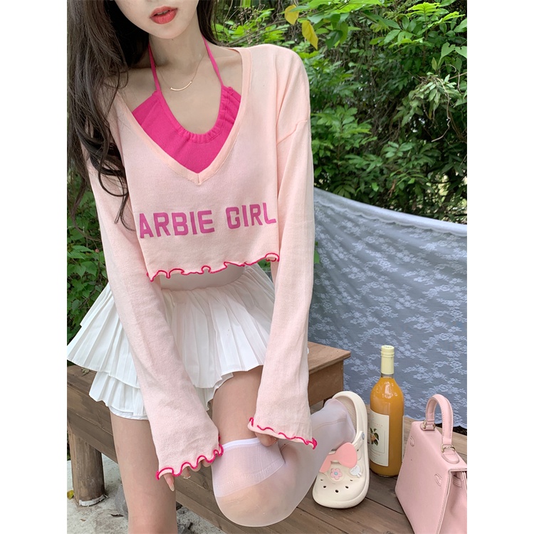 HUANG YOYO Set Đồ Hai Mảnh Gồm Áo Thun Cổ Chữ V Tay Ngắn Chống Nắng Phiên Bản Hàn Quốc Thời Trang Cho Nữ