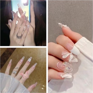 [Hàng mới về] Móng tay giả dáng dài đính nơ và ngọc trai nhân tạo thời trang cho nữ