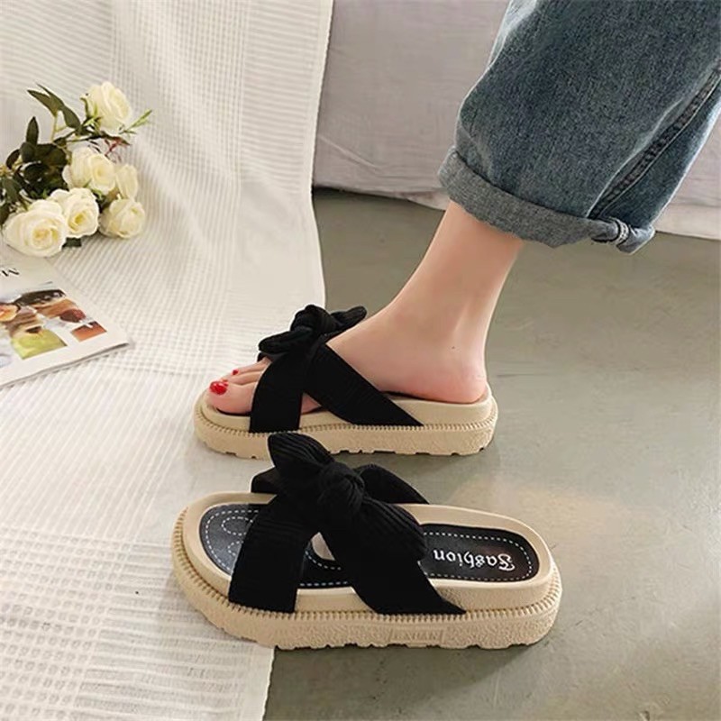 (ORDER) Dép lê bánh mì quai da lộn 4cm nơ chéo BIG SIZE 35-44