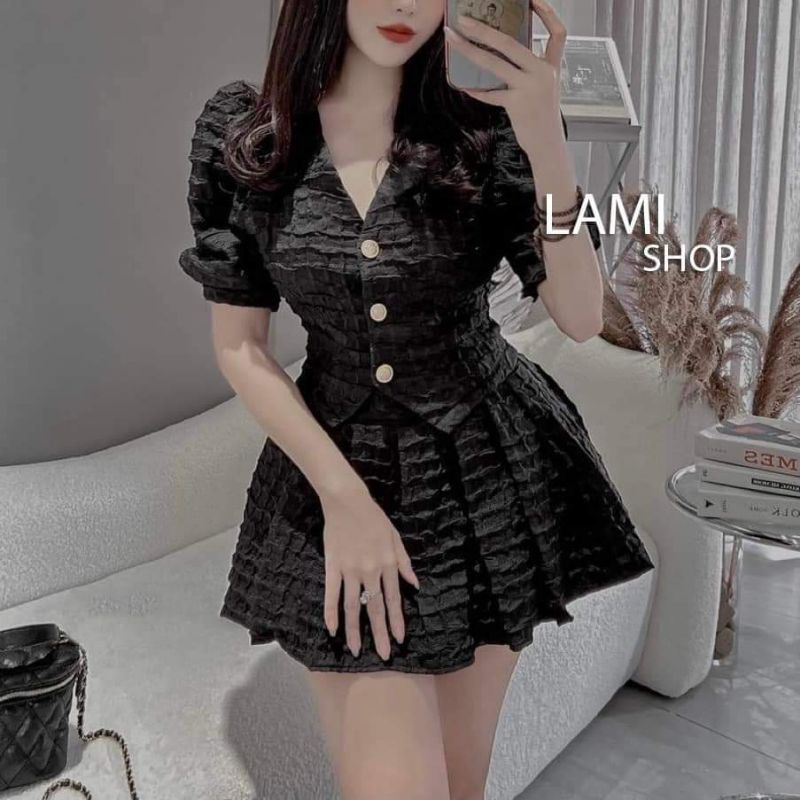 SET BIGSIZE THUN XỐP CHÂN VÁY XẾP LI ÁO NÚT GÀI THẬT