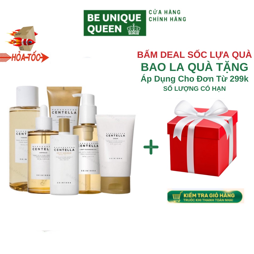 Trọn Bộ Combo Skin1004 Madagascar Centella Giảm Mụn, Mờ Thâm (DTT + sữa rửa mặt + toner + serum 55ml + kem dưỡng + kcn )