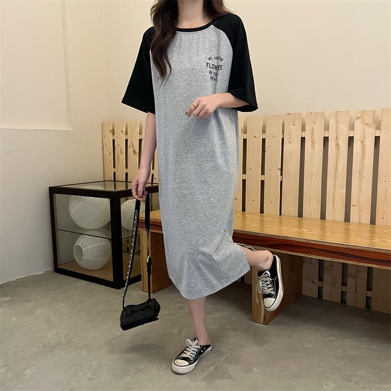 SUXI Đầm Tay Ngắn Cổ Tròn Hoạ Tiết Chữ In Thiết Kế Đơn Giản Cho Phái Nữ