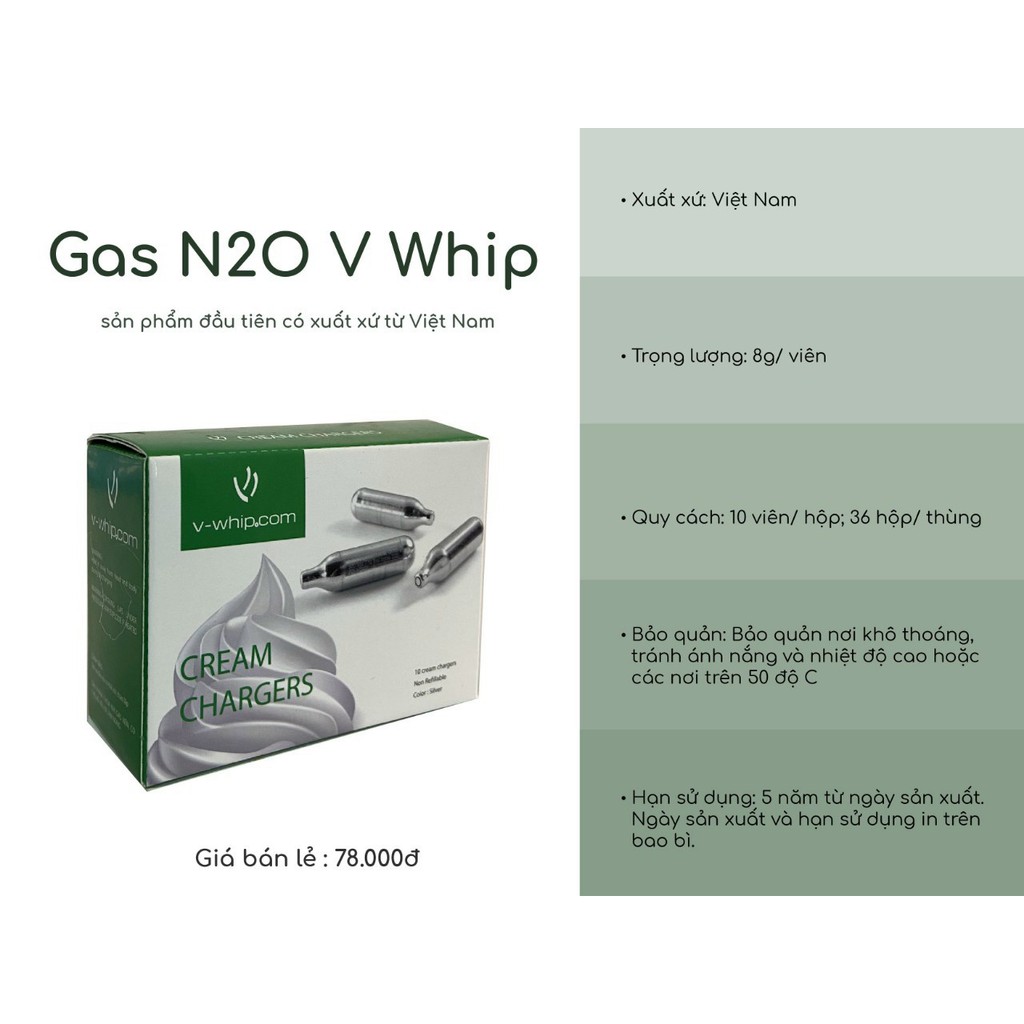 Hộp Gas V WHIP N20(10 Viên) dùng cho bình xịt kem tươi