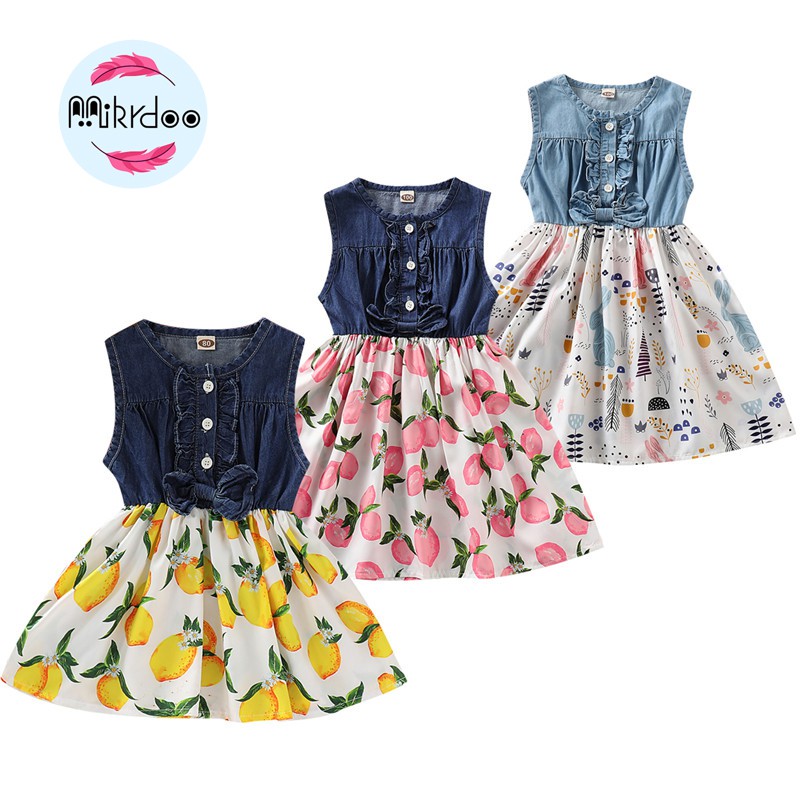 Đầm MIKRDOO vải denim không tay in họa tiết hoa trái cây thời trang mùa hè cho bé gái 1-5 tuổi