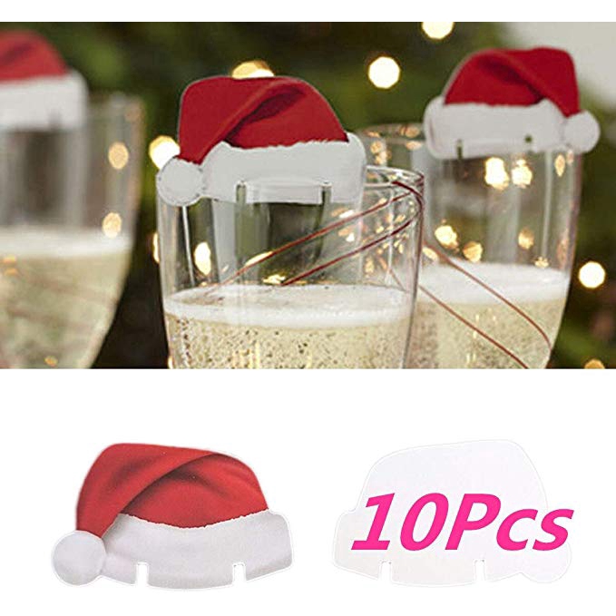 10PCS set Xmas Hats Champagne Wine Glass Caps Christmas DIY Decoration