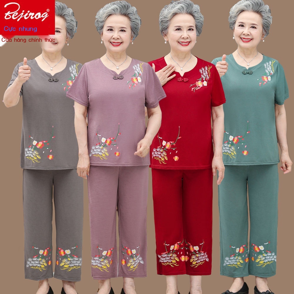 Bộ đồ bà ngoại mùa hè ngắn tay áo thun 60-70 tuổi nữ trung niên và phụ lớn mẹ hai mảnh cho người
