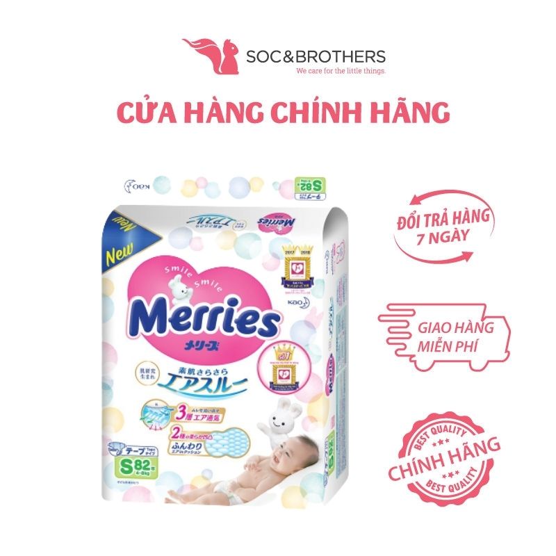 [Mã BMBAU50 giảm 7% đơn 99K] Bỉm Merries dán size S cho bé từ 4-8kg 82 miếng