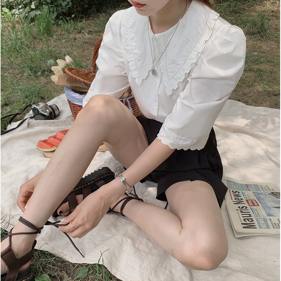 Áo kiểu Peppermint 36062 tay ngắn cổ búp bê phối màu xinh xắn dành cho nữ tùy chọn màu sắc