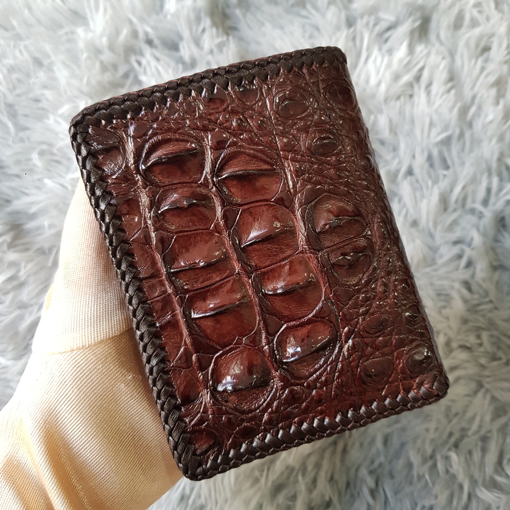 Ví Da Cá Sấu Thủ Công, Gù To | Ví Cá Sấu Đan Viền 2 Mặt |  Màu Nâu Và Đen | Dáng Đứng