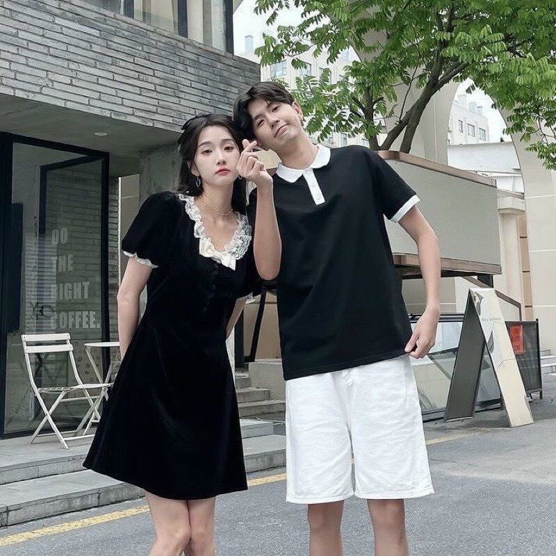 Vintage Style - Áo váy thun đôi đen xòe mix ren tiểu thư - Đồ đôi nam nữ Forever Couple Store