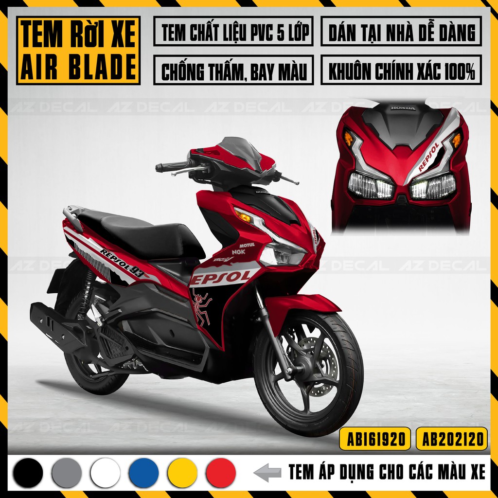 Tem Repsol Xe Airblade, Đa Dạng Màu Tem | AB20 | Chất Liệu Decal PVC Cao Cấp Chống Nước, Chống Bay Màu