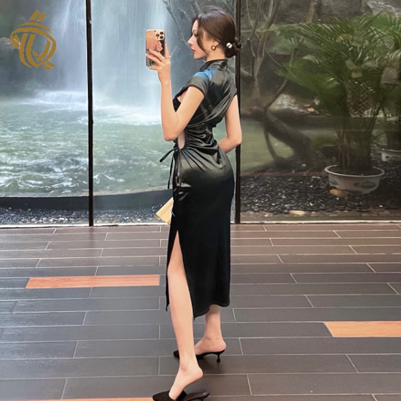 Sexy hollow-out waist drawstring improved cheongsam dress feminine French temperament slimming dress