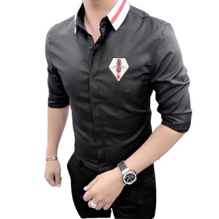 Áo Sơ Mi Nam XuMon Chất Lụa Quảng Châu Dài Tay Cổ Bẻ Họa Tiết THÊU ONG ĐEN Hàng Xưởng Tận Gốc Mẫu Cá Tính TWO