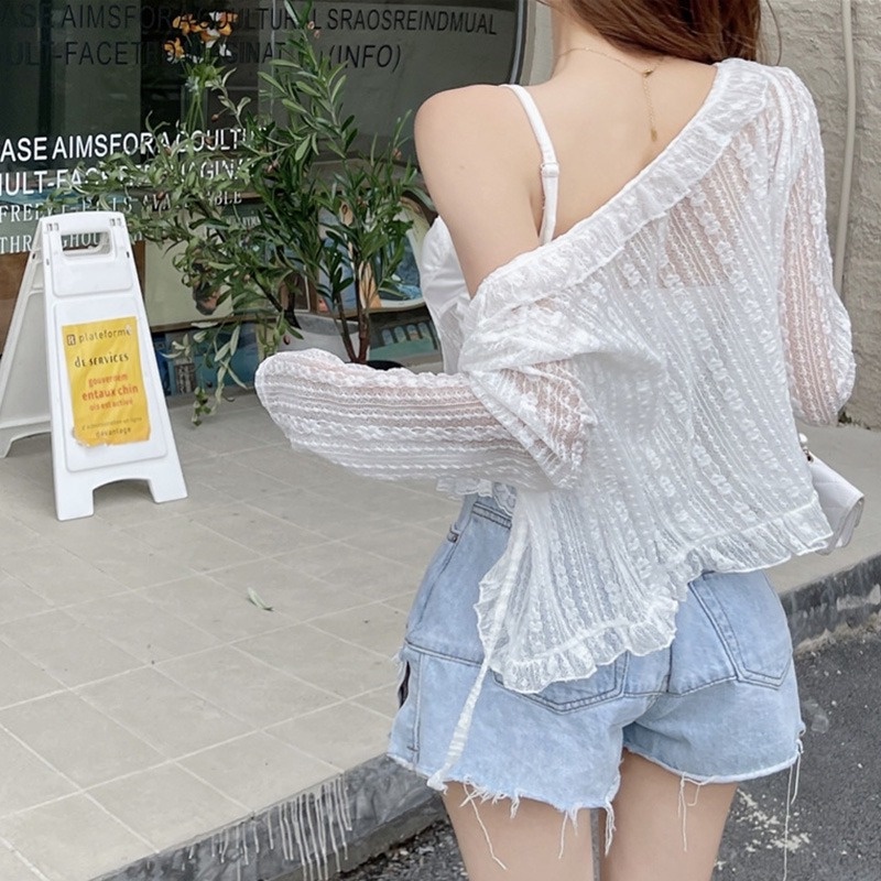 Áo Khoác Cardigan Ren Thoáng Khí Màu Sắc Trơn Phong Cách Hàn Quốc Thời Trang Mùa Hè Cho Nữ