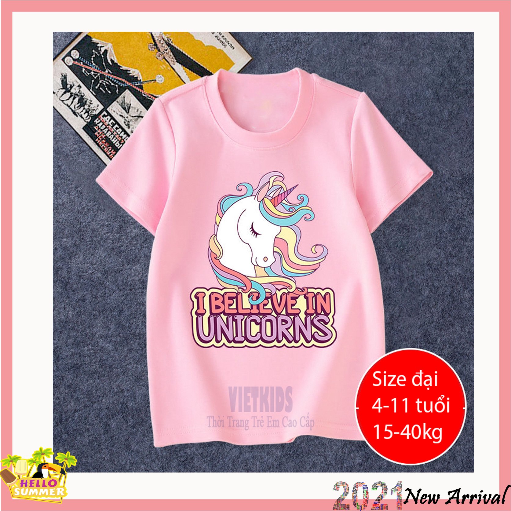 [4-11 tuổi/ cotton 100%] Áo Thun bé gái/ Áo Phông ngắn tay cho bé gái hình cầu vồng, unicorn... size lớn [LINK2]