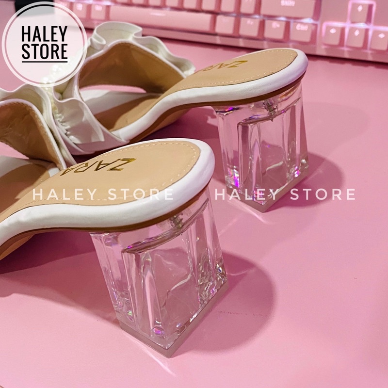 Guốc nữ 5p gót vuông trong suốt bèo nhún nhúm đính ngọc châu đi chơi đi tiệc đi du lịch HALEY STORE