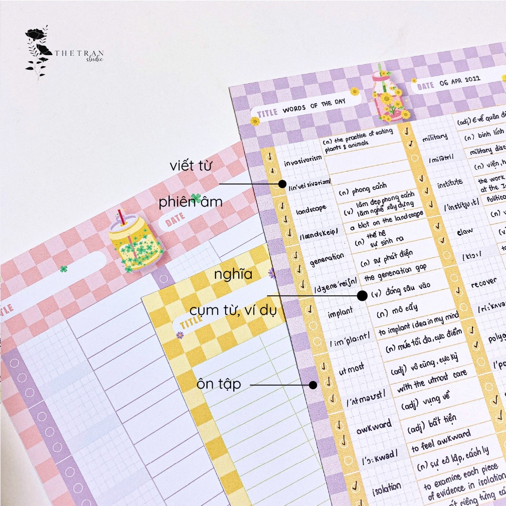 Bộ 8 tờ giấy ghi chú học từ vựng B5, A5, Half A5 kẻ caro kẻ ngang | blooming vocabulary sheet | thetranstudio