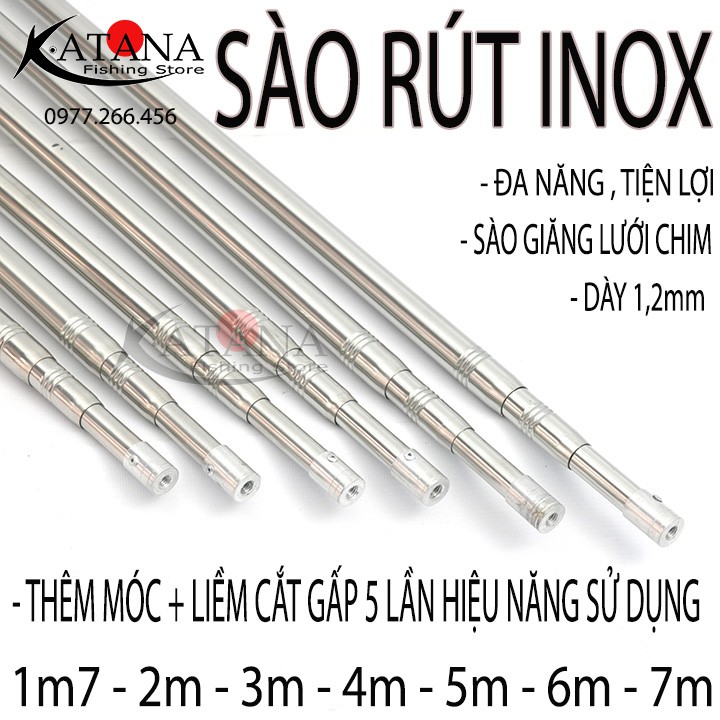 Sào rút Inox treo móc chim cảnh 1m7 - 7m tặng kèm móc + Tùy chọn liềm cắt