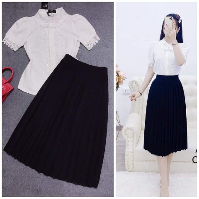chân váy xếp ly dáng dài
