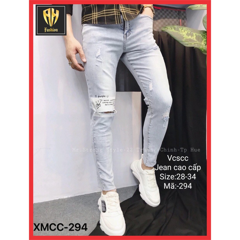 Quần bò nam thời trang rách gối hàng hiệu in chữ cao cấp AHFASHION