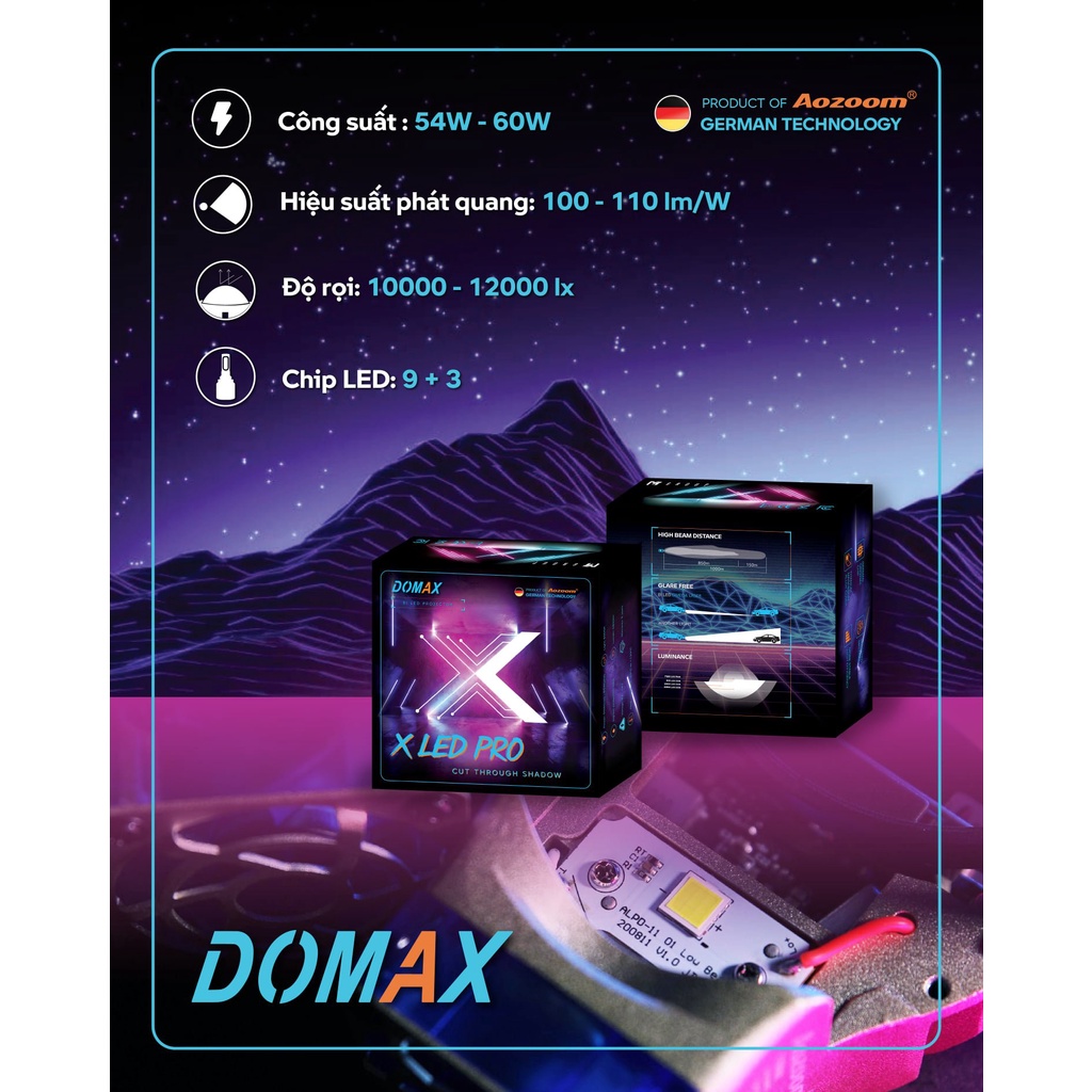 Bộ 2 Bi LED Aozoom X LED DOMAX PRO tăng sáng cho đèn xe ô tô, xe hơi, bảo hành chính hãng 36 tháng