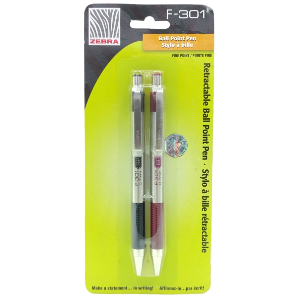 Vỉ 2 Bút Bi Bấm 0.7 mm Zebra F-301 - Đỏ - Đen