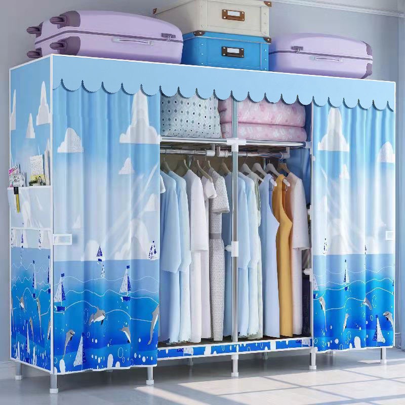 Tủ quần áo Vải đơn giản Tủ quần áo Ống thép Dày Cốt thép Không rắn Gỗ không rắn Tủ đựng đồ đôi đơn lớn