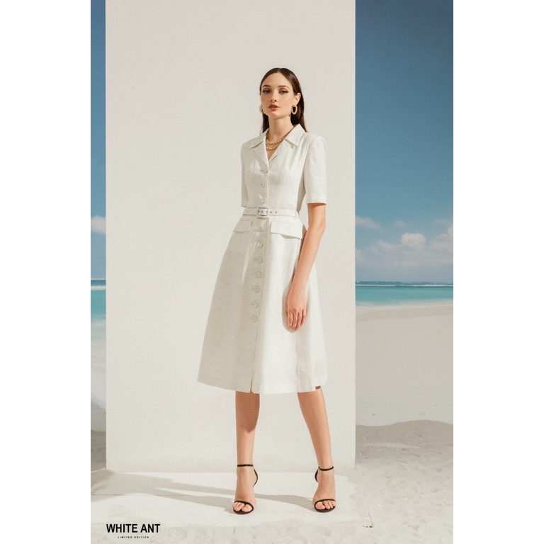 Đầm Sơ Mi Họa Tiết Nữ WHITE ANT SAKA DRESS Thiết Kế Tay Lỡ Bồng Kèm Hàng Cúc Đai E