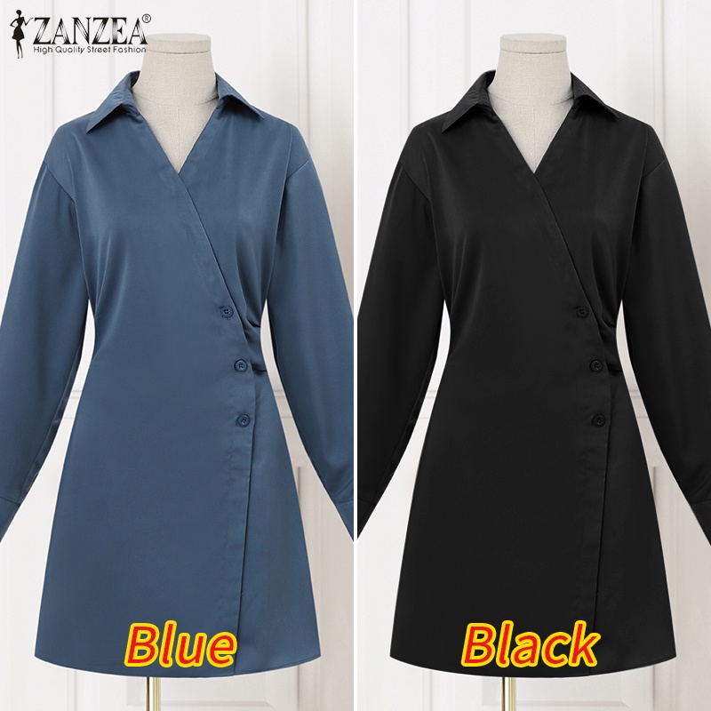 Đầm ZANZEA cho nữ dài tay cổ bẻ dáng dài rộng thời trang Hàn Quốc