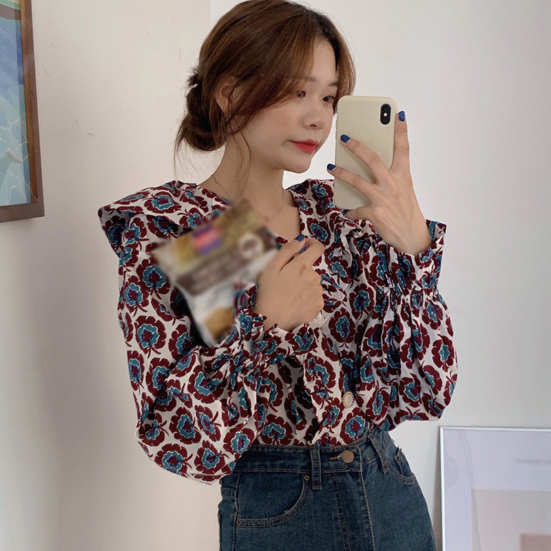 Áo Voan Tay Dài Cổ Peter Pan Họa Tiết Hoa Cho Nữ