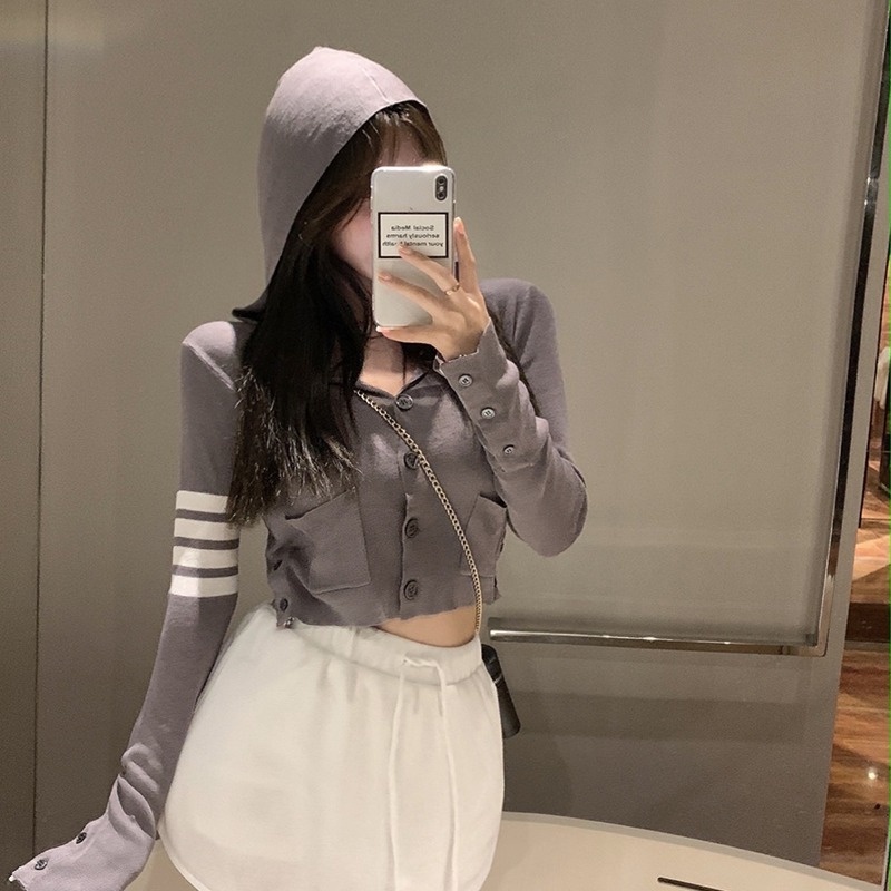 【HangFei】Áo Khoác Dệt Kim Tay Dài Dáng Ôm Hoạ Tiết Kẻ Sọc Thiết Kế Quyến Rũ