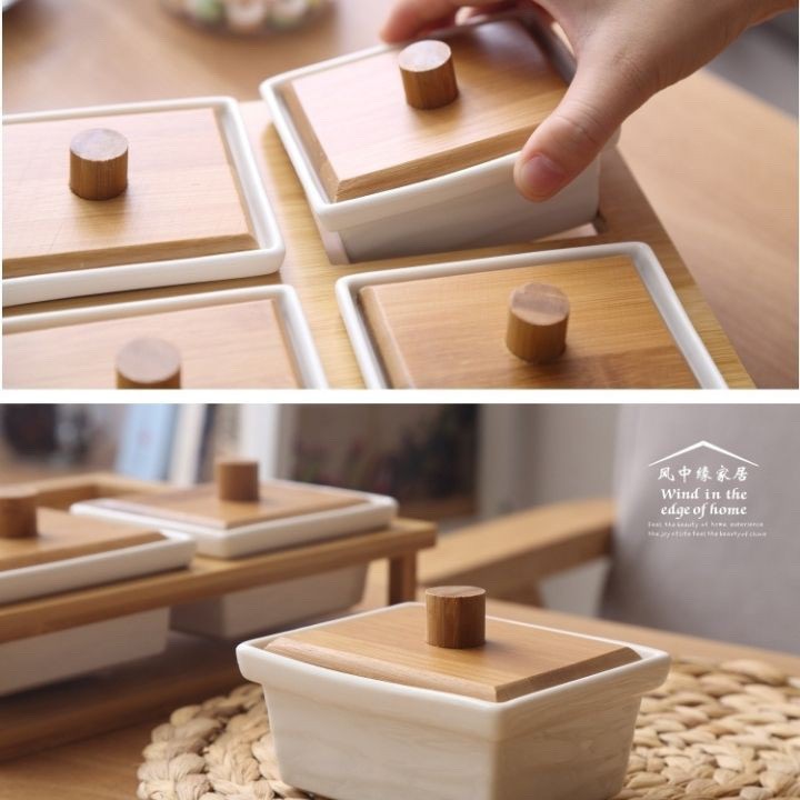 Khay đựng mứt sứ trắng 6 ngăn nắp gỗ và khay gỗ - Phong cách Nhật Bản