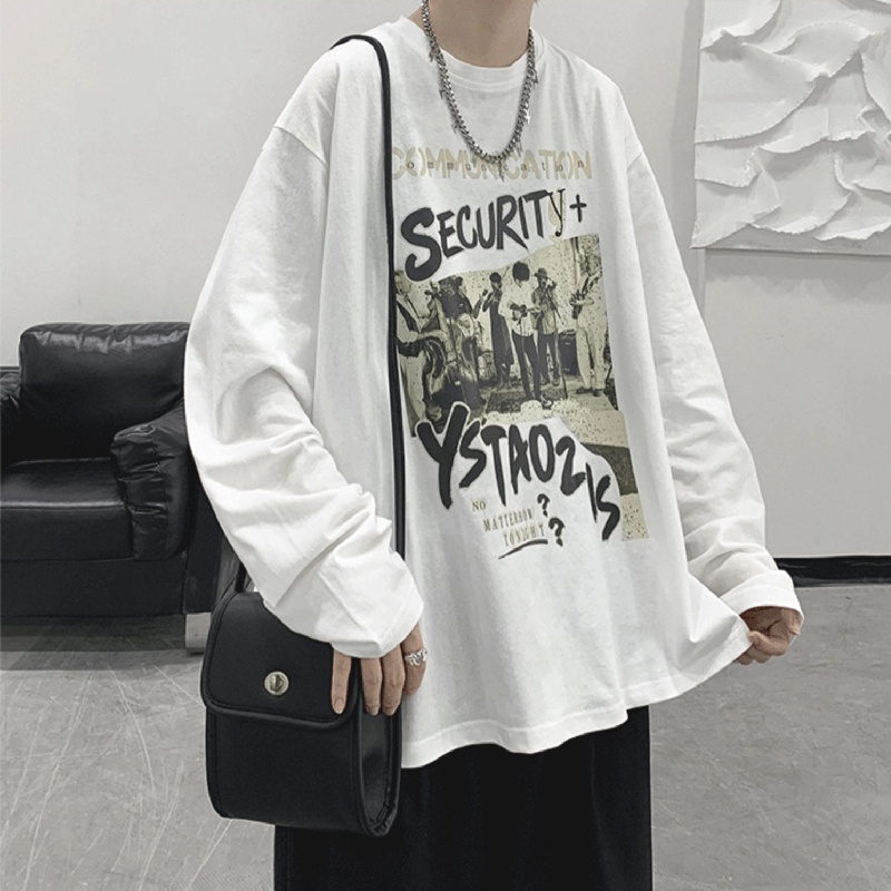Áo thun tay dài dáng rộng in họa tiết hoạt hình phong cách đường phố Hàn Quốc cho nam size M-5XL