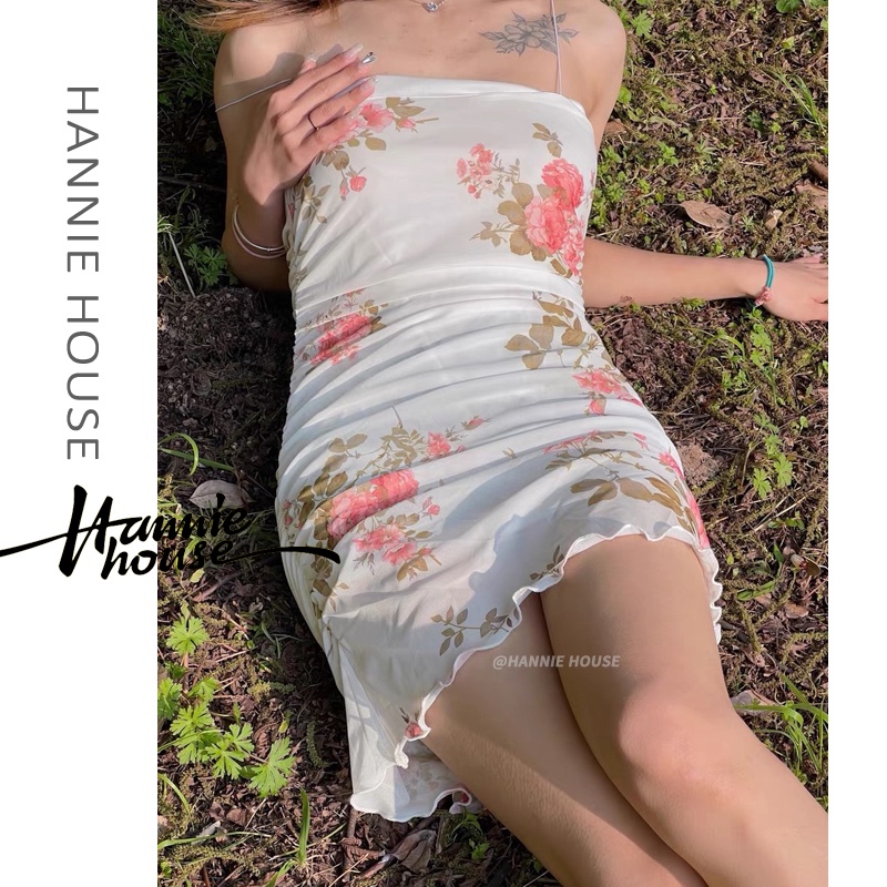 Hannie-Women Vintage Floral Ruched Mesh Package Hip Slip Dress