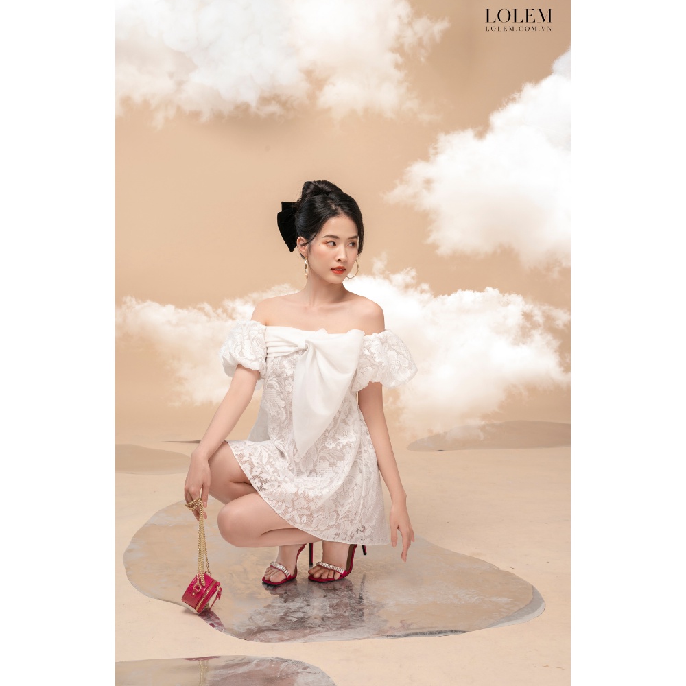 Áo ren thêu hoa rớt vai form dáng A nơ xếp 3D ở ngực tay bồng LOLEM CLOTHING AK1240