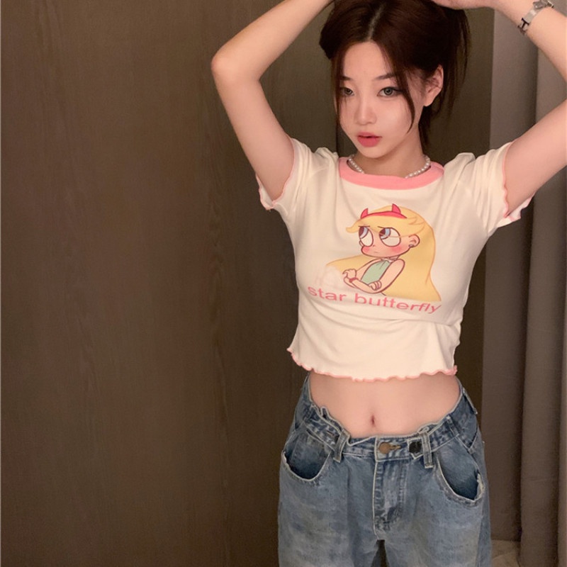 Áo Thun Nữ Tay Ngắn Dáng Ôm In Họa Tiết Hoạt Hình Dễ Thương