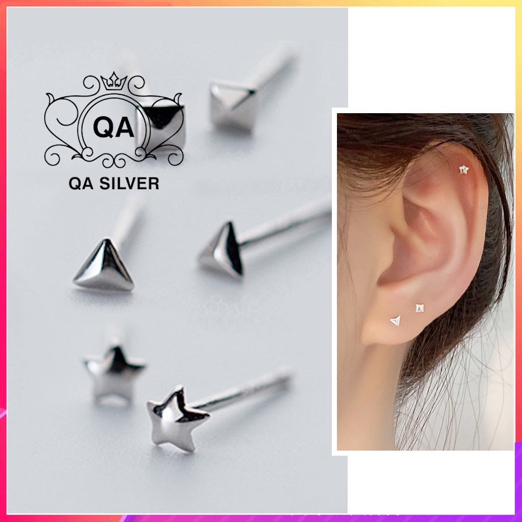 Bông tai bạc 925 nụ nhí mini khuyên nam nữ tam giác ngôi sao vuông S925 PETITE Silver Earrings QA Silver EA200606