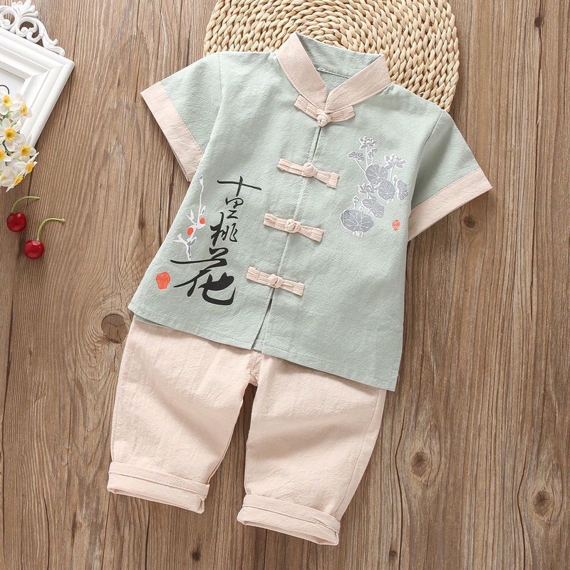 Set Đồ Hán Phục 2 Món Bằng Vải Cotton Lanh Thời Trang Mùa Hè Phong Cách Trung Hoa Cho Bé Trai 1-8 - 5-6 Tuổi