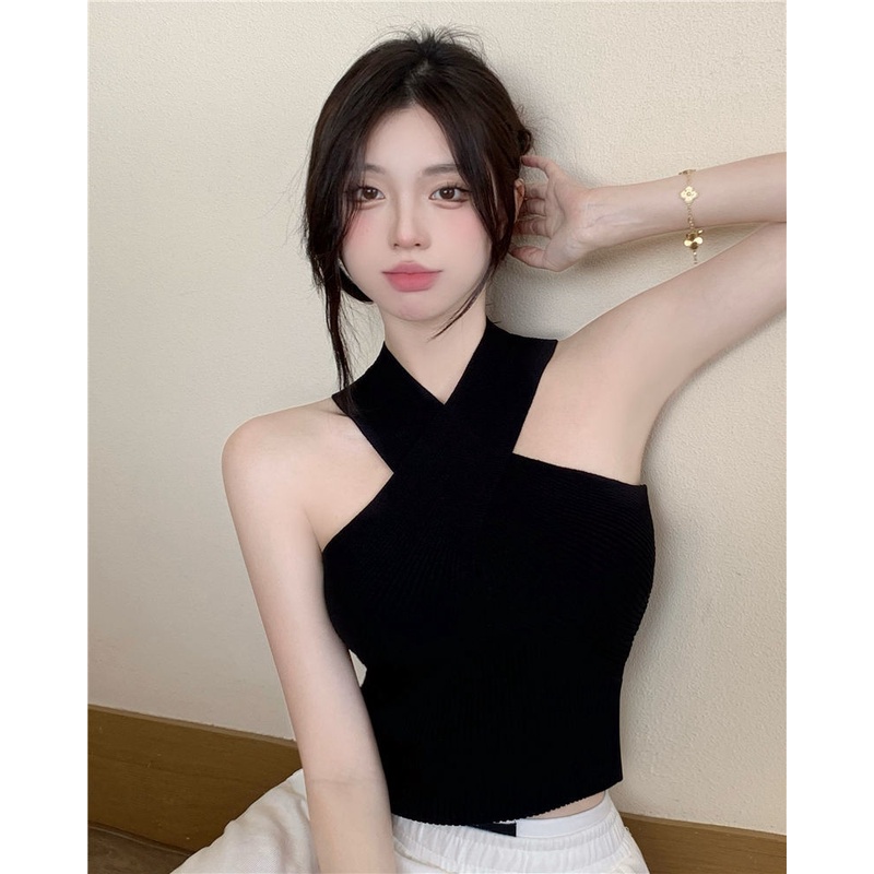 Áo kiểu PURE CUBE dệt kim cổ yếm ôm dáng vừa vặn co giãn màu sắc phong cách retro thời trang quyến rũ dành cho nữ