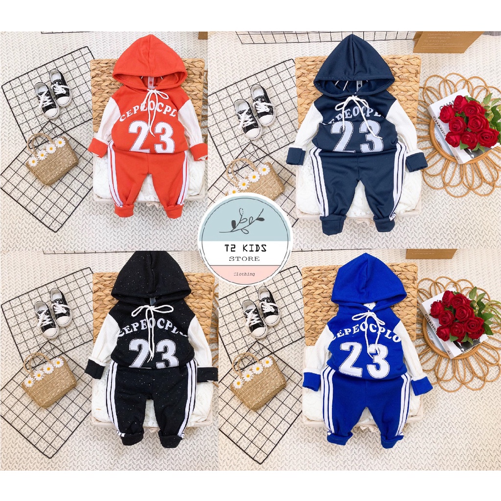 Bộ quần áo nỉ bông,có mũ phong cách thể thao, co dãn, dày dặn giữ ấm tố cho bé (9-19 kg),t- quần áo trẻ em