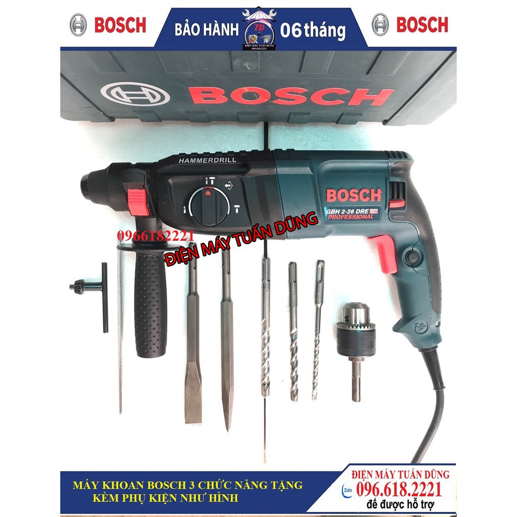 [HÀNG ĐỘC QUYỀN] Máy khoan bê tông 3 chức năng Bosh 2_26 800W KÈM ĐẦU KHOAN SẮT, GỖ VÀ 5 MŨI KHOAN, ĐỤC BÊ TÔNG