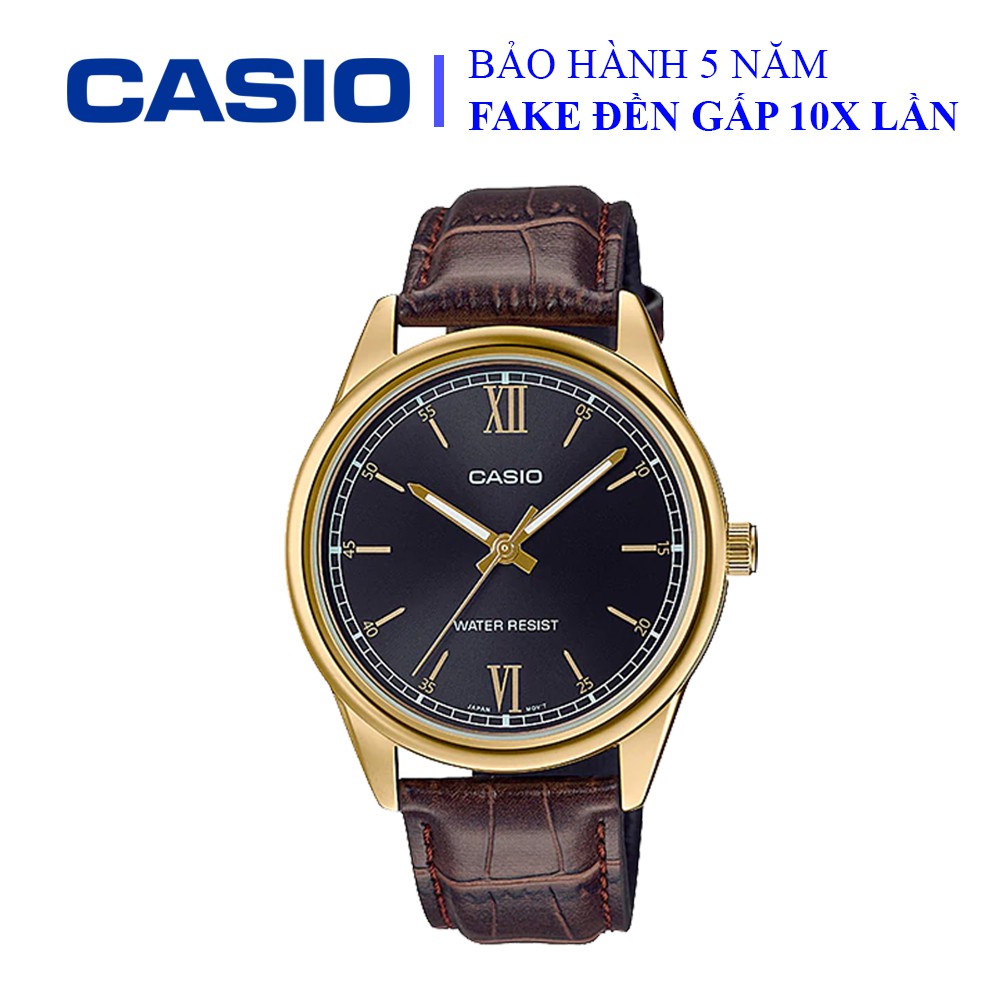 Đồng hồ Casio nam dây da thể thao, mặt đen viền vàng sang trọng, chống nước WR30M đi bơi (MTP-V005GL-1B2UDF)