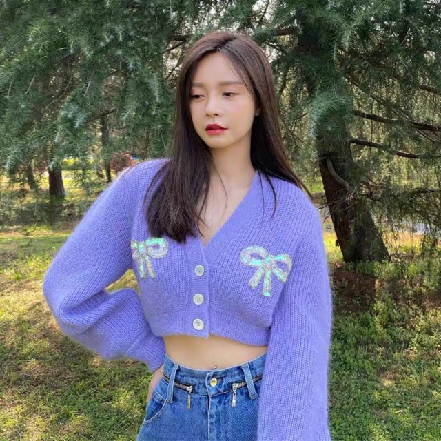 Áo len tím nơ cừơm ĐỊCH LỆ NHIỆT BA tay dài hot trend phong cách ulzzang SAM SAM BOUTIQUE