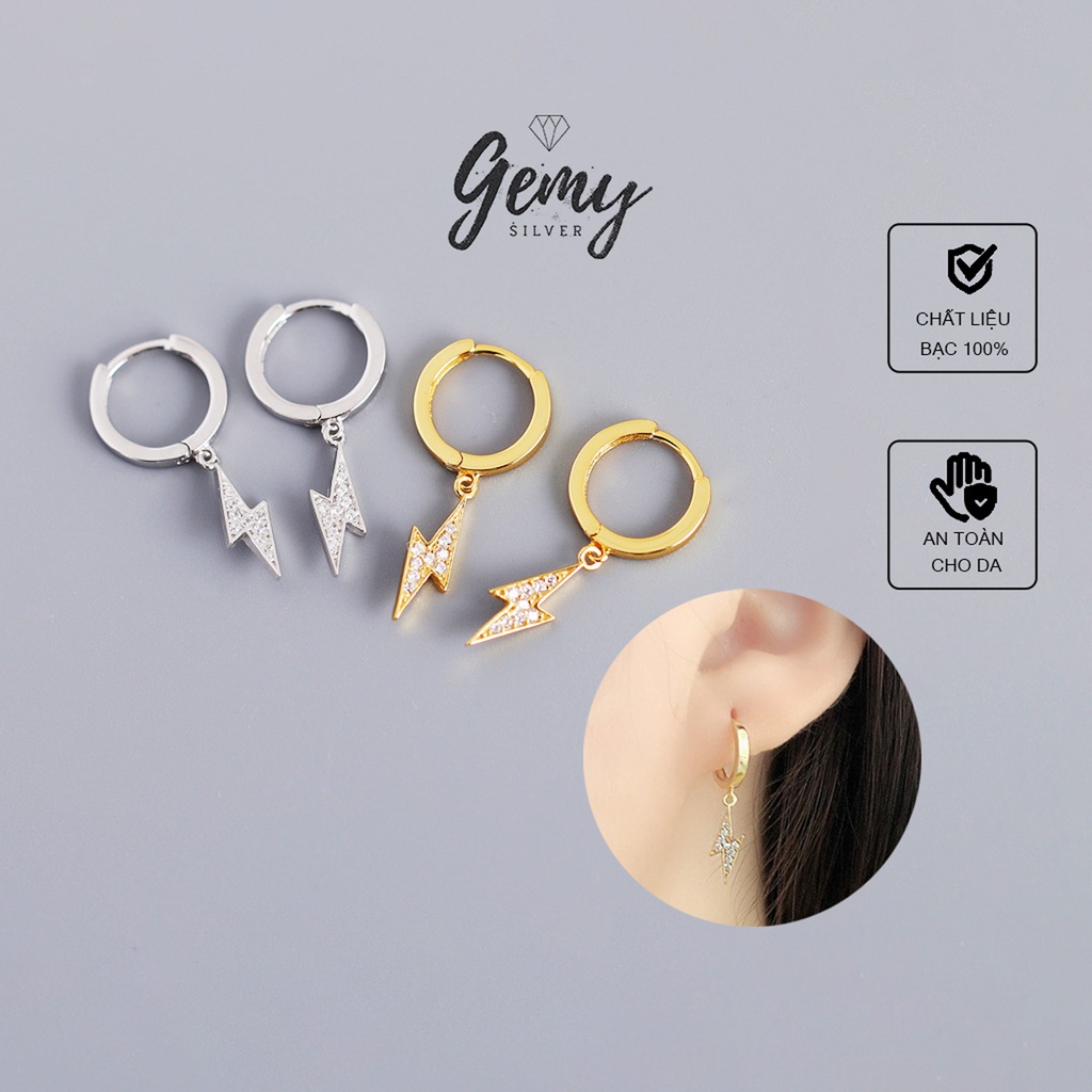 Khuyên tai nam nữ bạc 925 mạ vàng dáng tròn hình tia chớp đính đá cá tính, unisex (1 chiếc) | GEMY SILVER KN20