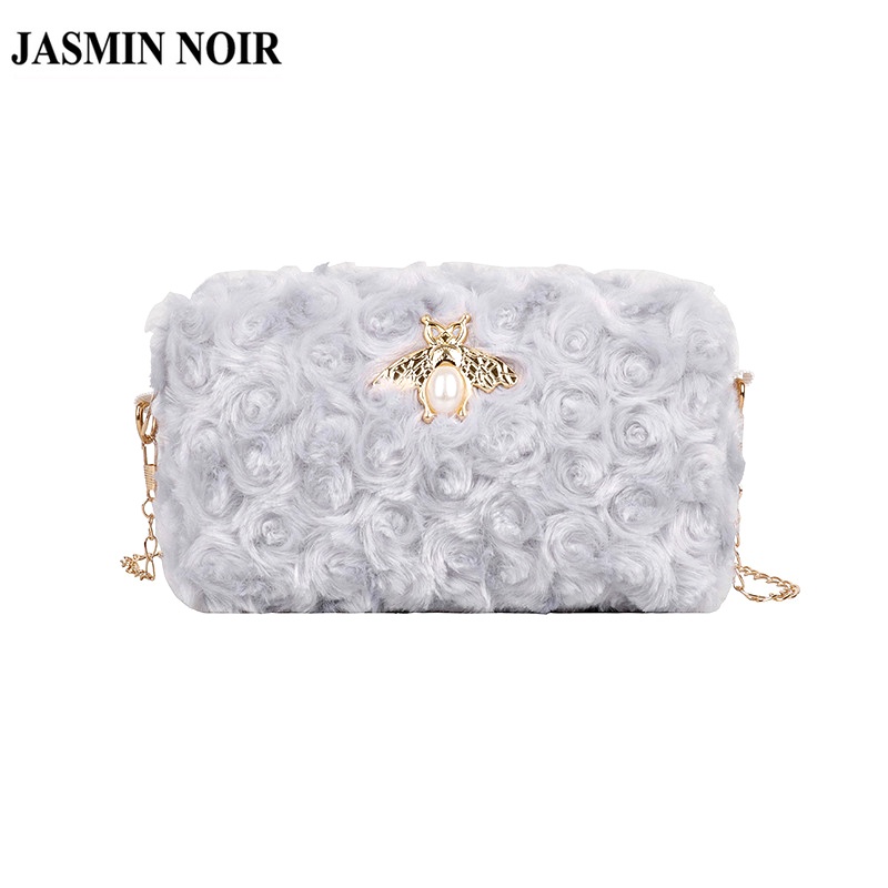 Túi đeo vai JASMIN NOIR hình vuông cỡ nhỏ phối lông thiết kế thời trang cho nữ