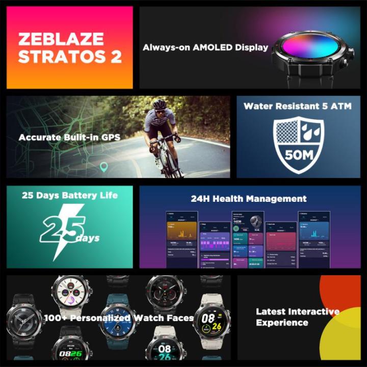 Đồng Hồ Thông Minh Zeblaze Stratos 2 GPS Màn Hình Oled 24h 5 Pin ATM Theo Dõi Sức Khỏe Cho Nam